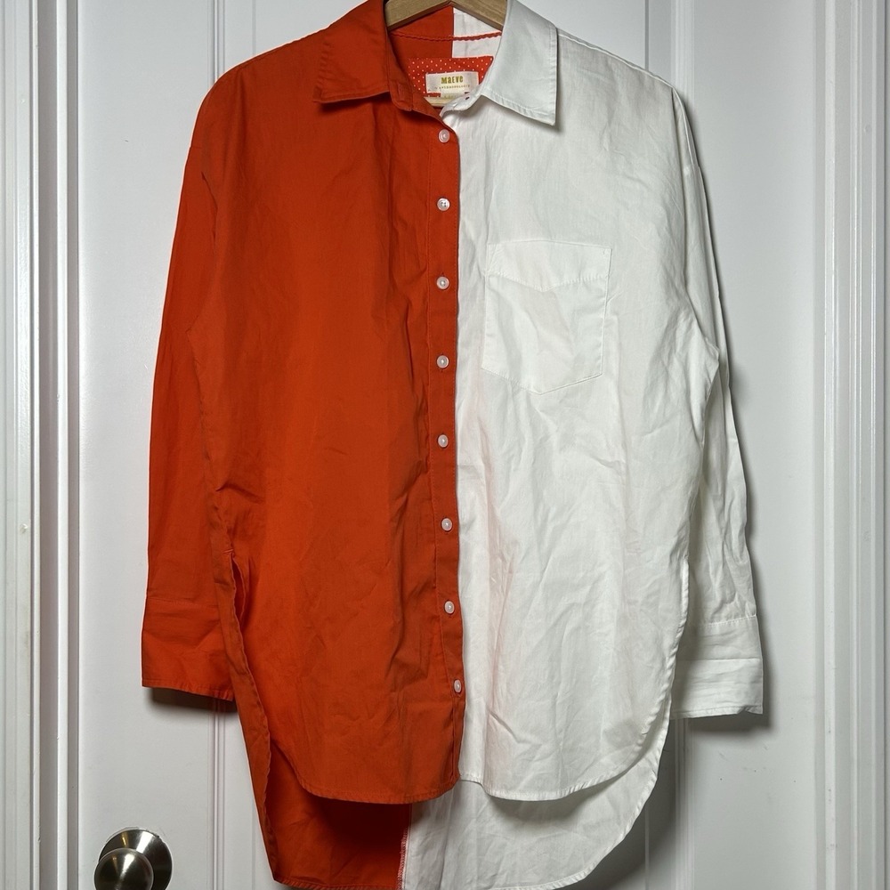Maeve Anthropologie Cotton Orange White Colorblock Oversized Button Up Shirt
